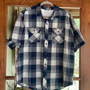 Orvis Plaid Button Down‎ Woven Tech Shirt Pockets Logo Mens XL Navy Blue…